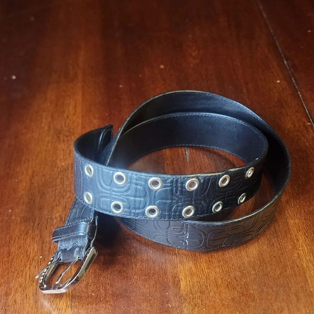 Express‎ Black Embossed Genuine Leather Belt Sz M Silver Color Buckle